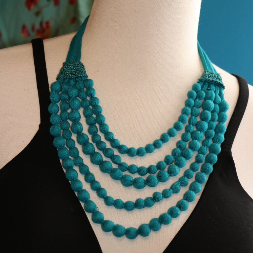 Graziano 5 Strand Fabric Wrapped Beaded Necklace With Fabric Tie Closure